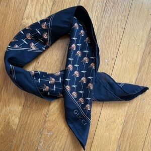 Vintage Gucci Polo Motif Silk Scarf in Black Brown and Tan